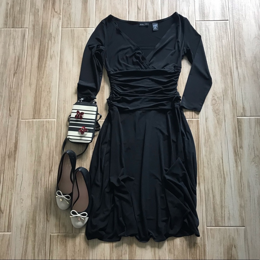 NY&Co black deep v-neck dress with ruched waist